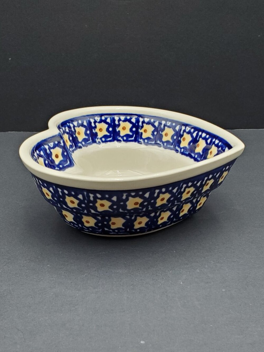 Polish Pottery Heart Shaped Bowl 6" Made in Poland Brown Yellow Blue Heart Bowl